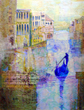 This wondrous mixed-media painting makes me feel good every time I see it. I hope it does the same for you. I used marbled paper, sheet music, rice paper and several hand-carved blocks to create this beauty.